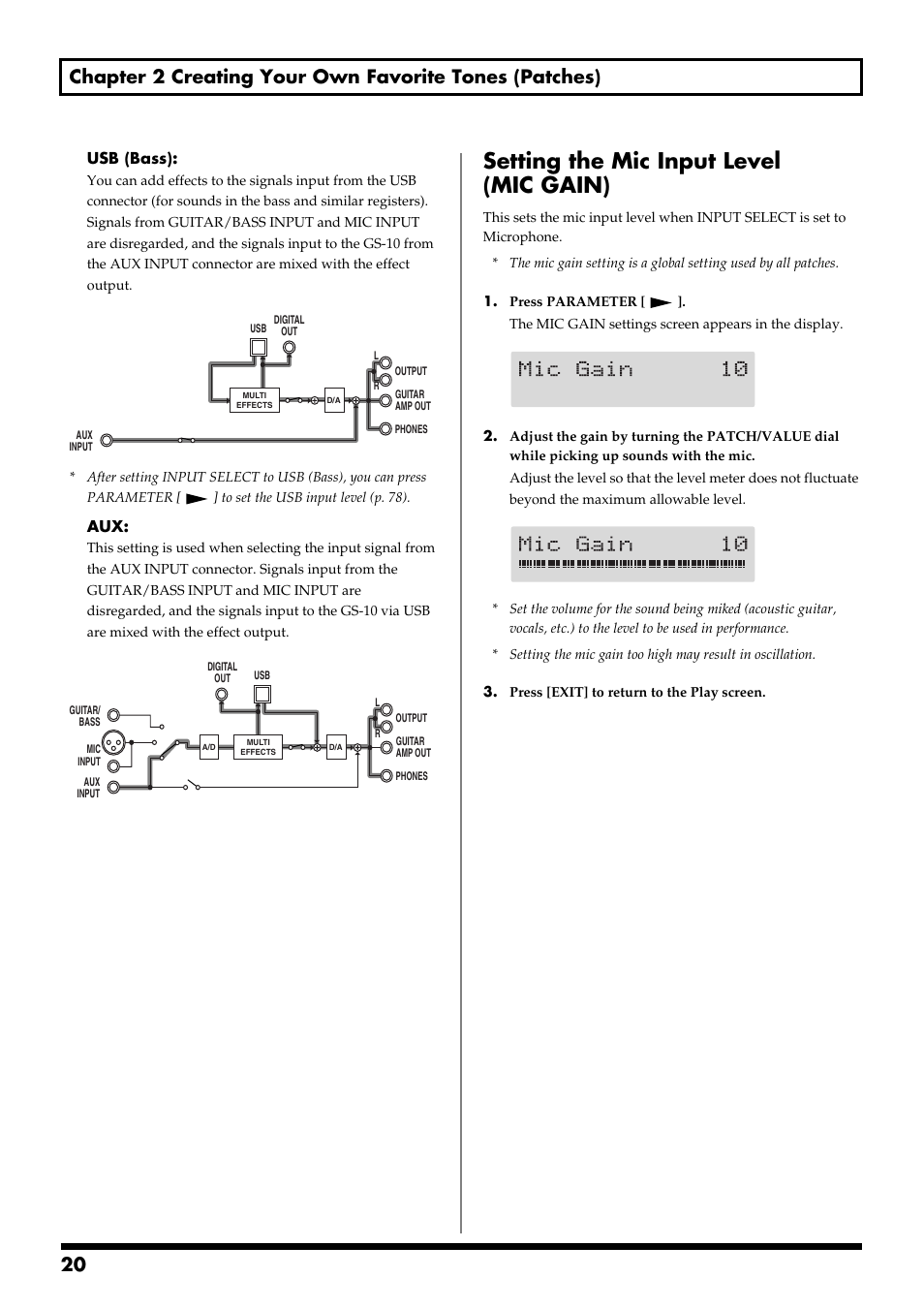 Setting the mic input level (mic gain), Usb (bass) | Boss Audio Systems GS-10 User Manual | Page 20 / 180