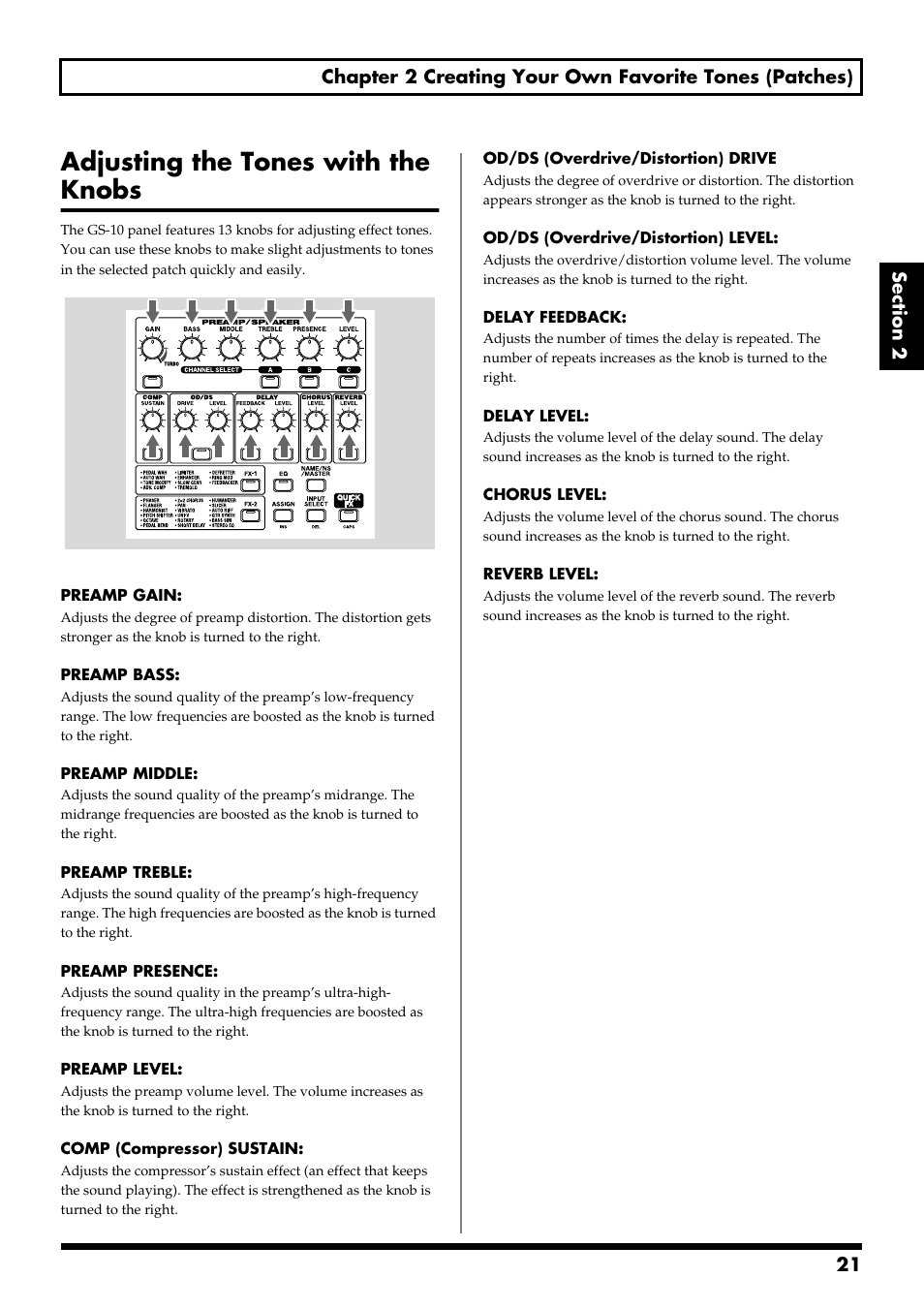 Adjusting the tones with the knobs, Preamp/speaker (p. 21, p. 28), Comp (compressor) (p. 21, p. 31) | Od/ds (p. 21, p. 32), Delay (p. 21, p. 33), Chorus (p. 21, p. 34), Reverb (p. 21, p. 34) | Boss Audio Systems GS-10 User Manual | Page 21 / 180