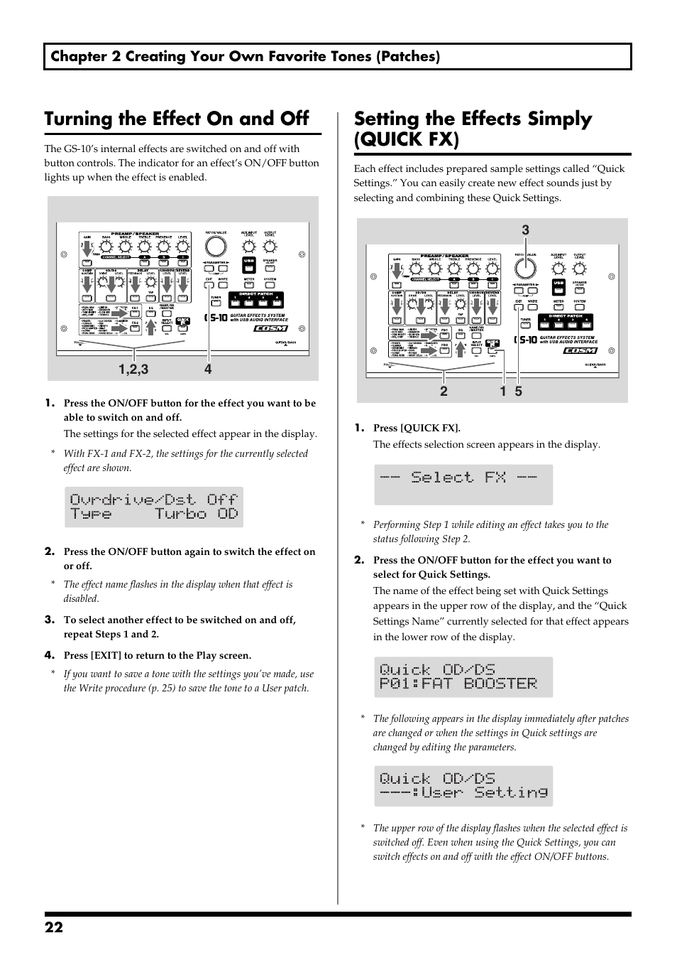 Turning the effect on and off, Setting the effects simply (quick fx), Quick fx button (p. 22) | Boss Audio Systems GS-10 User Manual | Page 22 / 180