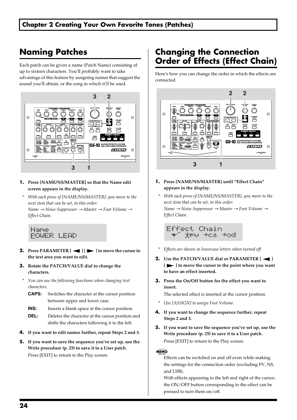 Naming patches, Name/ns/master button (p. 24, p. 53) | Boss Audio Systems GS-10 User Manual | Page 24 / 180