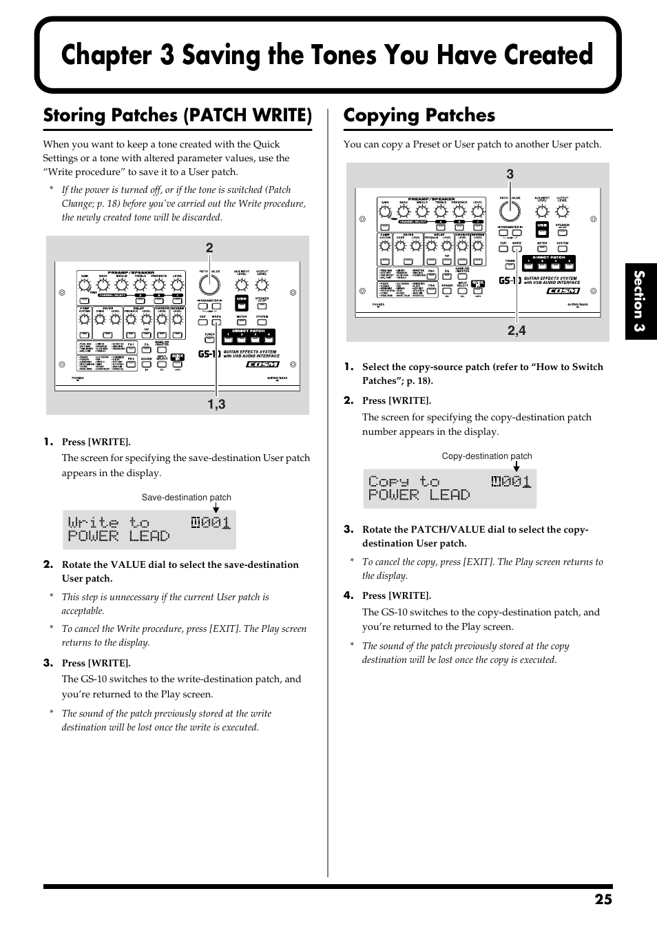 Chapter 3 saving the tones you have created, Storing patches (patch write), Copying patches | Chapter 3, Saving the tones you have created, Then save the result as a user patch. (p. 25), Use the write procedure (p. 25) | Boss Audio Systems GS-10 User Manual | Page 25 / 180