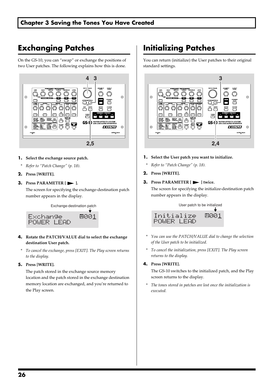 Exchanging patches, Initializing patches, 26 chapter 3 saving the tones you have created | Boss Audio Systems GS-10 User Manual | Page 26 / 180