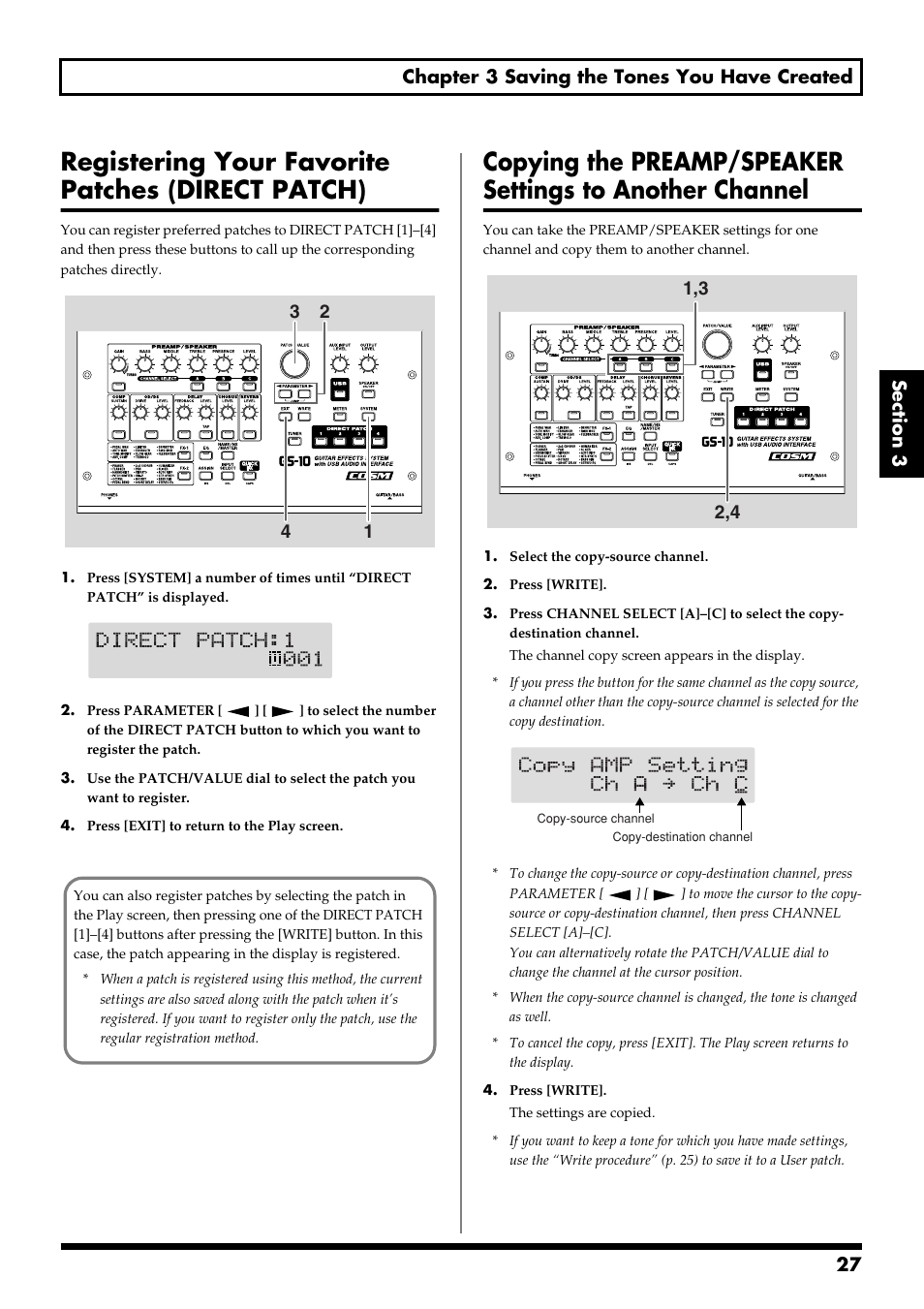 Registering your favorite patches (direct patch), Patch [1]–[4] (p. 27) | Boss Audio Systems GS-10 User Manual | Page 27 / 180