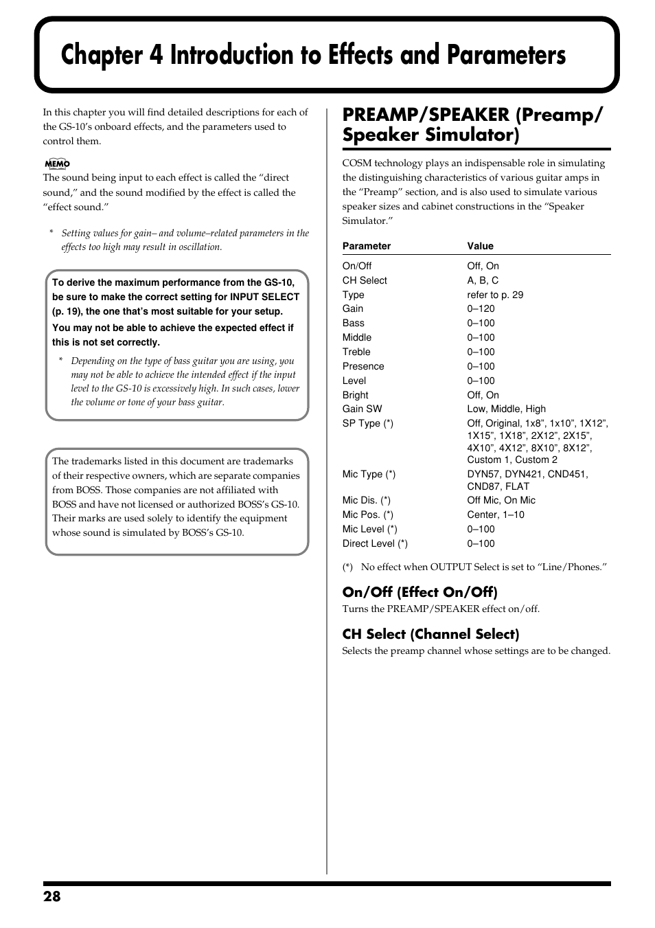 Chapter 4 introduction to effects and parameters, Preamp/speaker (preamp/ speaker simulator), Chapter 4 | Introduction to effects and parameters, Preamp/speaker (preamp/speaker simulator), On/off (effect on/off), Ch select (channel select) | Boss Audio Systems GS-10 User Manual | Page 28 / 180