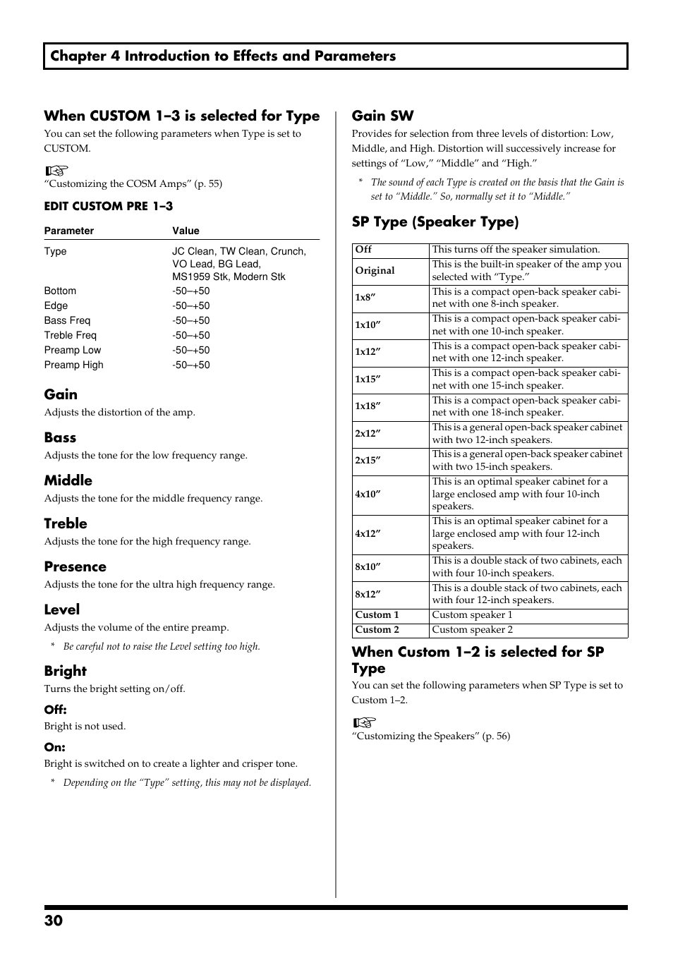 Gain, Bass, Middle | Treble, Presence, Level, Bright, Gain sw | Boss Audio Systems GS-10 User Manual | Page 30 / 180