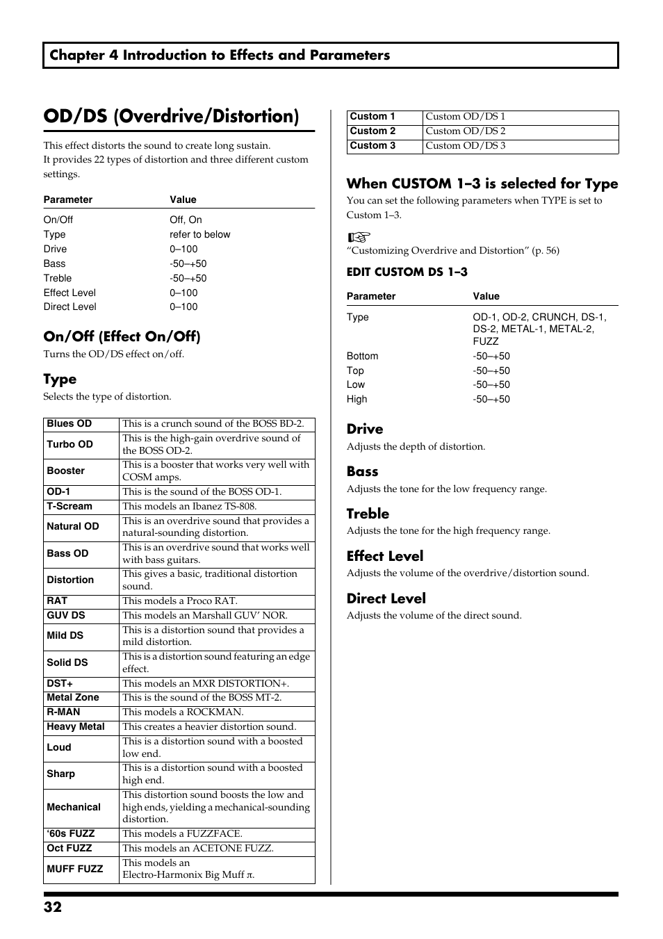 Od/ds (overdrive/distortion), On/off (effect on/off), Type | When custom 1–3 is selected for type, Drive, Bass, Treble, Effect level, Direct level | Boss Audio Systems GS-10 User Manual | Page 32 / 180