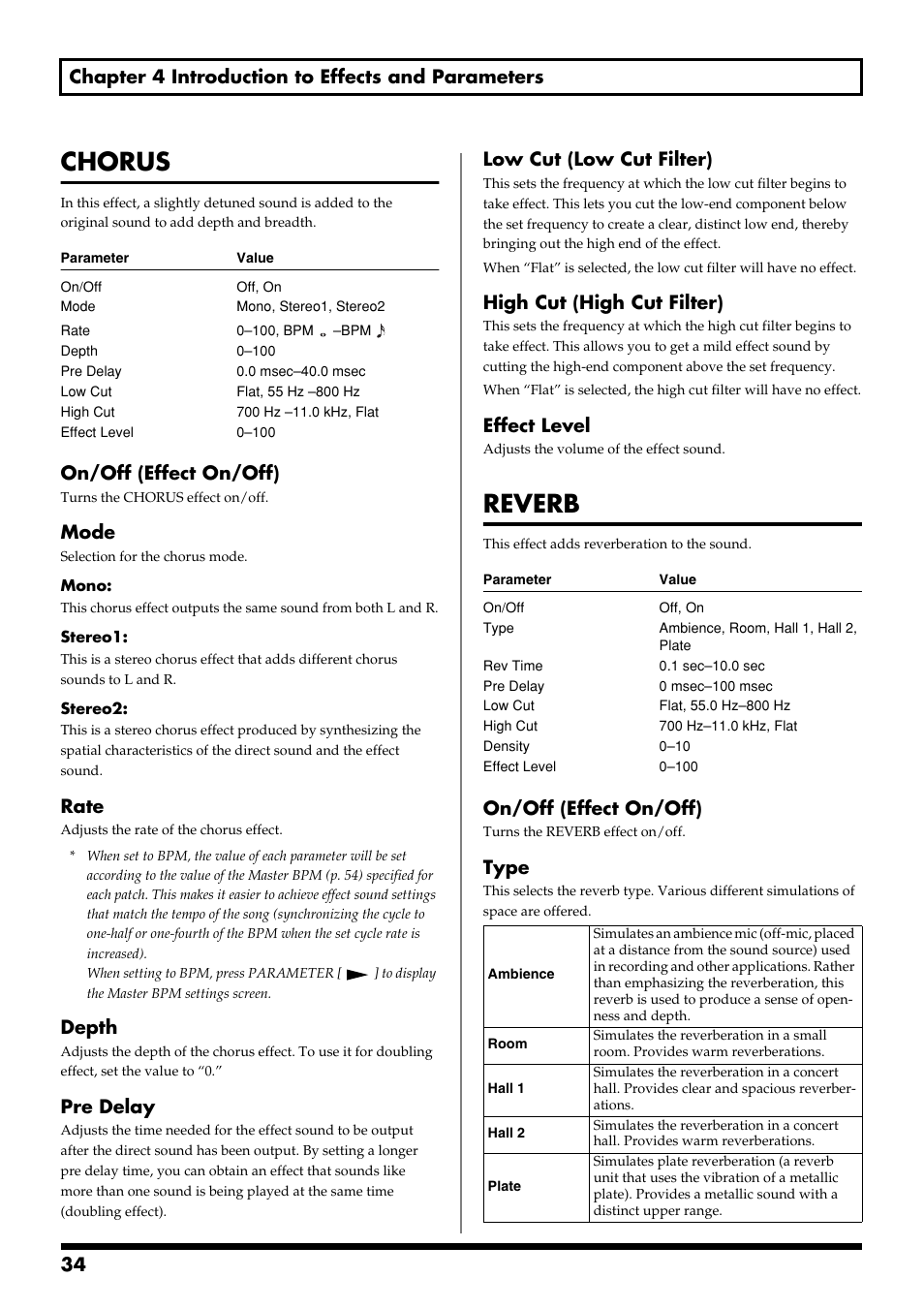 Chorus, Reverb, On/off (effect on/off) | Mode, Rate, Depth, Pre delay, Low cut (low cut filter), High cut (high cut filter), Effect level | Boss Audio Systems GS-10 User Manual | Page 34 / 180