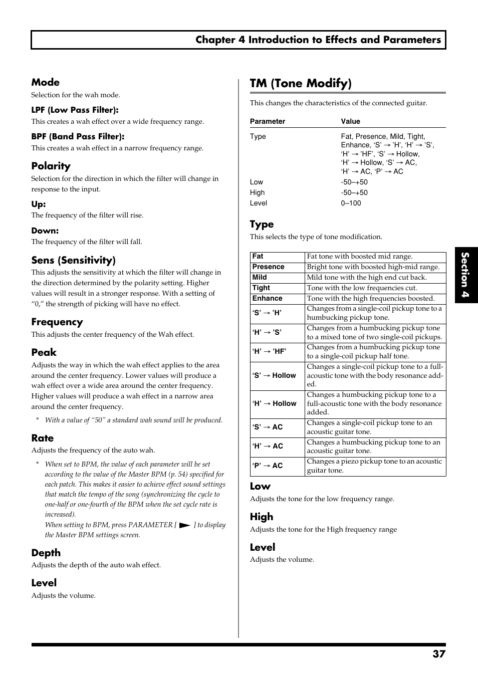 Tm (tone modify), Polarity, Sens (sensitivity) | Frequency, Peak, Rate, Depth, Level, Type, High | Boss Audio Systems GS-10 User Manual | Page 37 / 180