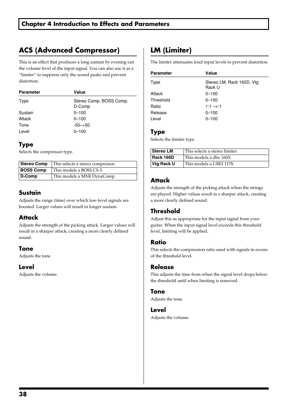 Acs (advanced compressor), Lm (limiter), Type | Sustain, Attack, Tone, Level, Threshold, Ratio, Release | Boss Audio Systems GS-10 User Manual | Page 38 / 180