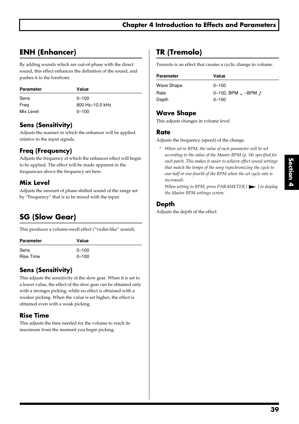 Enh (enhancer), Sg (slow gear), Tr (tremolo) | Sens (sensitivity), Freq (frequency), Mix level, Rise time, Wave shape, Rate, Depth | Boss Audio Systems GS-10 User Manual | Page 39 / 180