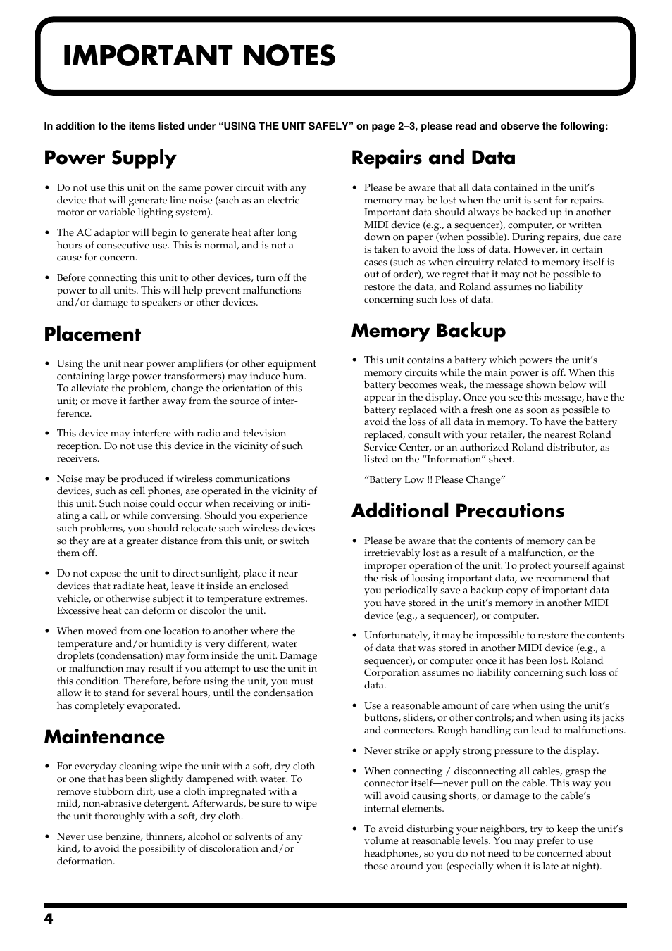 Important notes, Power supply, Placement | Maintenance, Repairs and data, Additional precautions | Boss Audio Systems GS-10 User Manual | Page 4 / 180