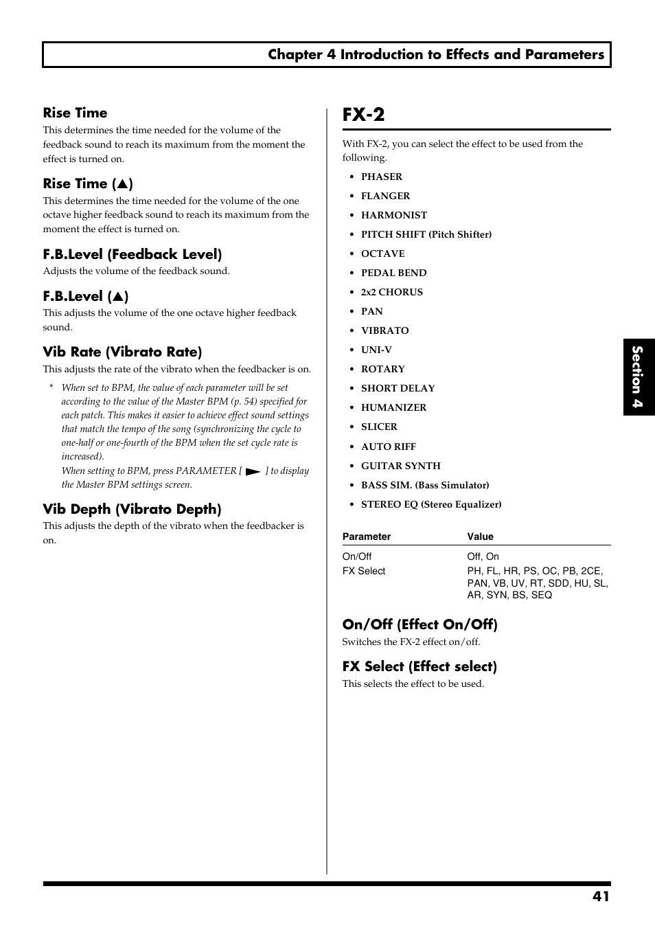 Fx-2, Fx-2 (p. 41), Rise time ( ▲ ) | F.b.level (feedback level), F.b.level ( ▲ ), Vib rate (vibrato rate), Vib depth (vibrato depth), On/off (effect on/off), Fx select (effect select) | Boss Audio Systems GS-10 User Manual | Page 41 / 180