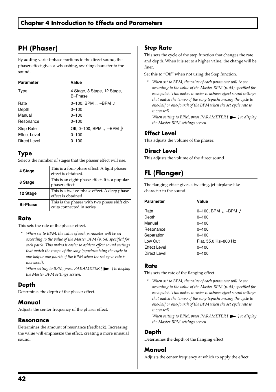 Ph (phaser), Fl (flanger), Type | Rate, Depth, Manual, Resonance, Step rate, Effect level, Direct level | Boss Audio Systems GS-10 User Manual | Page 42 / 180