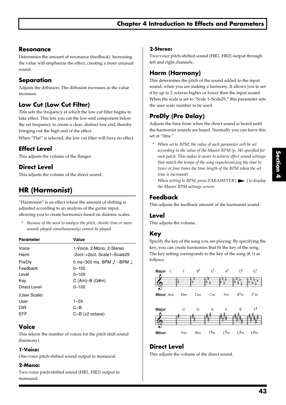 Hr (harmonist), Separation, Low cut (low cut filter) | Effect level, Direct level, Voice, Harm (harmony), Predly (pre delay), Feedback, Level | Boss Audio Systems GS-10 User Manual | Page 43 / 180