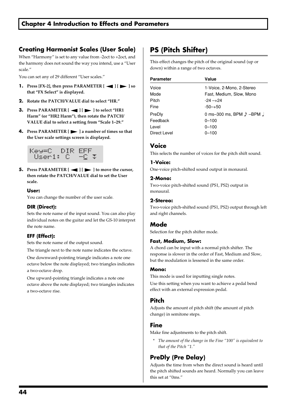 Ps (pitch shifter), Voice, Mode | Pitch, Fine, Predly (pre delay) | Boss Audio Systems GS-10 User Manual | Page 44 / 180