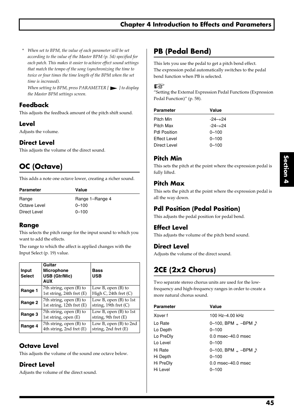 Oc (octave), Pb (pedal bend), 2ce (2x2 chorus) | Feedback, Level, Direct level, Range, Octave level, Pitch min, Pitch max | Boss Audio Systems GS-10 User Manual | Page 45 / 180