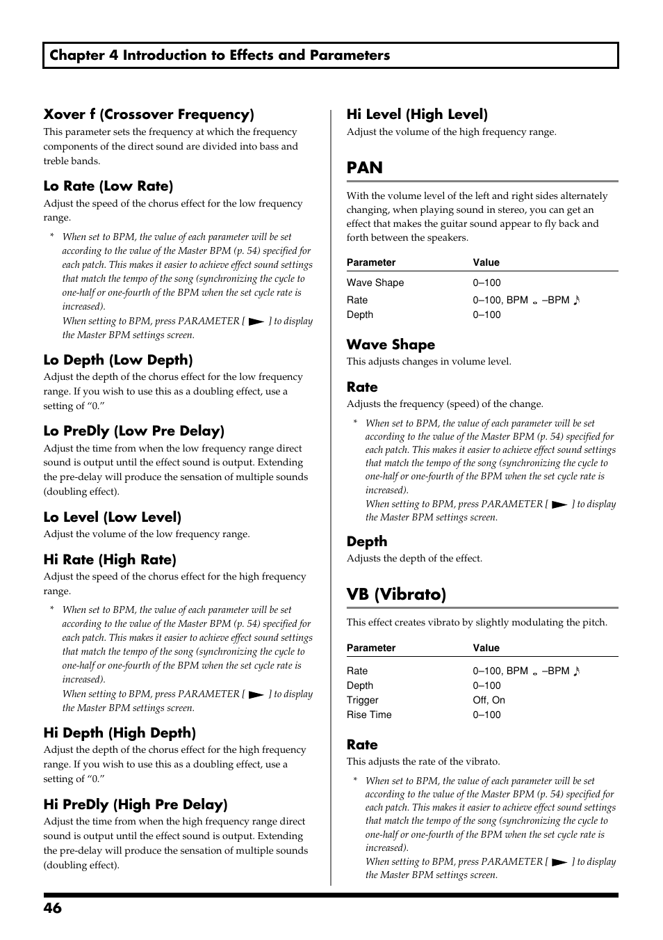 Vb (vibrato), Lo rate (low rate), Lo depth (low depth) | Lo predly (low pre delay), Lo level (low level), Hi rate (high rate), Hi depth (high depth), Hi predly (high pre delay), Hi level (high level), Wave shape | Boss Audio Systems GS-10 User Manual | Page 46 / 180