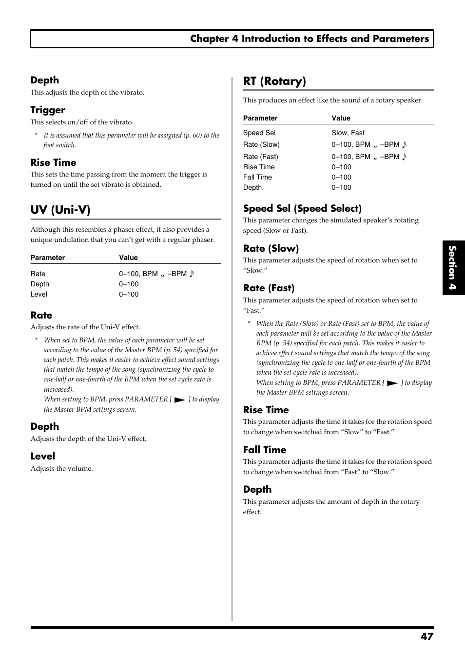 Uv (uni-v), Rt (rotary), Trigger | Rise time, Rate, Depth, Level, Speed sel (speed select), Rate (slow), Rate (fast) | Boss Audio Systems GS-10 User Manual | Page 47 / 180