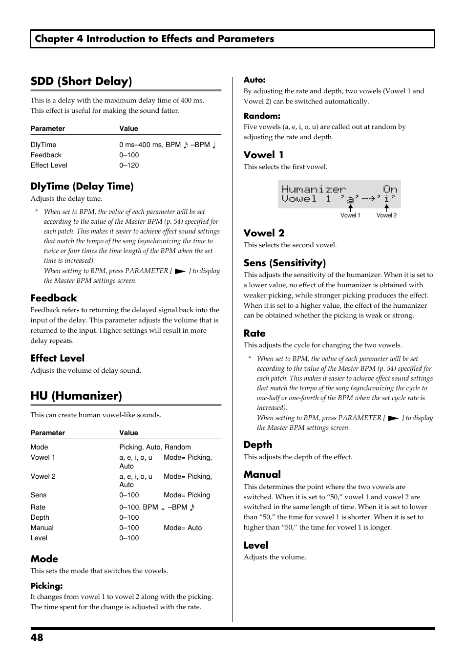 Sdd (short delay), Hu (humanizer), Dlytime (delay time) | Feedback, Effect level, Mode, Vowel 1, Vowel 2, Sens (sensitivity), Rate | Boss Audio Systems GS-10 User Manual | Page 48 / 180