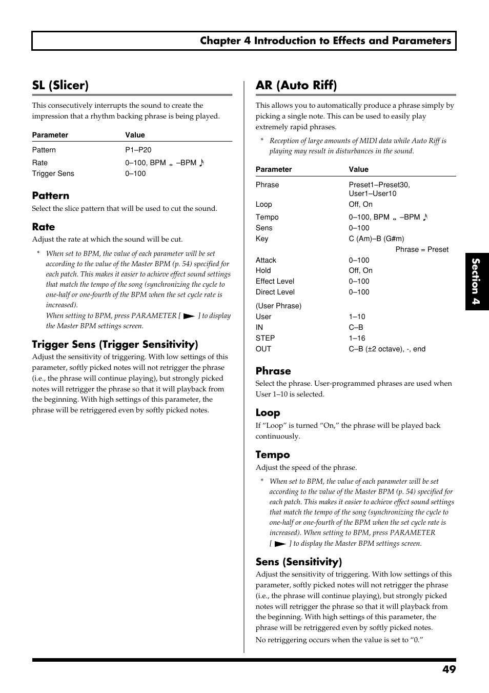 Sl (slicer), Ar (auto riff), Pattern | Rate, Trigger sens (trigger sensitivity), Phrase, Loop, Tempo, Sens (sensitivity) | Boss Audio Systems GS-10 User Manual | Page 49 / 180