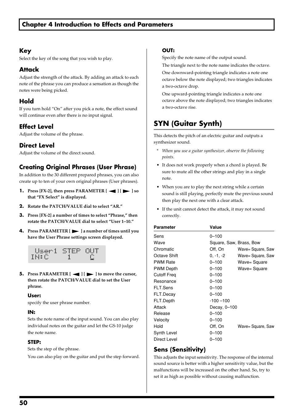 Syn (guitar synth), Attack, Hold | Effect level, Direct level, Creating original phrases (user phrase), Sens (sensitivity) | Boss Audio Systems GS-10 User Manual | Page 50 / 180