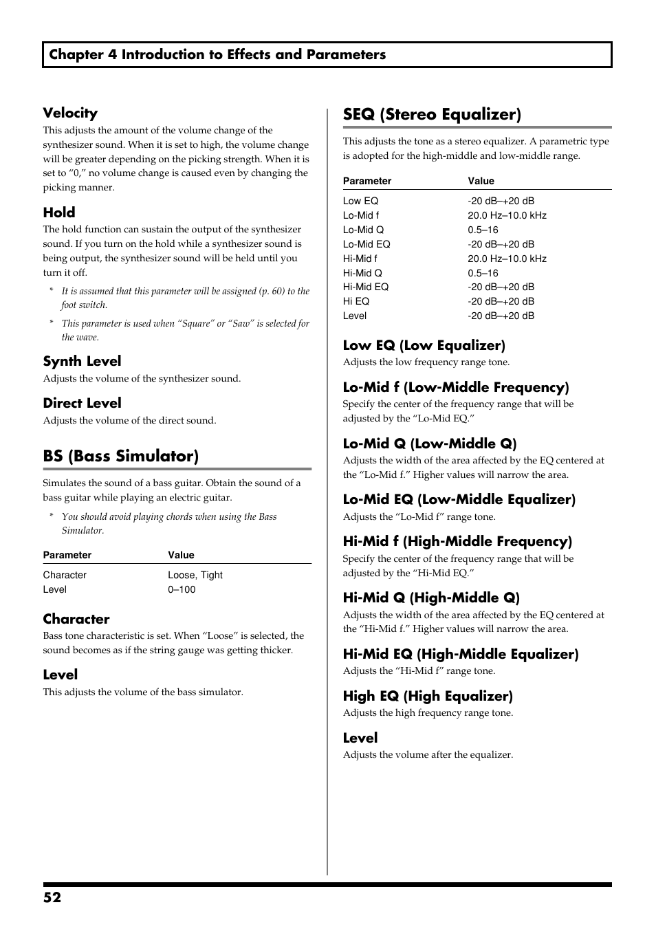 Bs (bass simulator), Seq (stereo equalizer), Hold | Synth level, Direct level, Character, Level, Low eq (low equalizer), Lo-mid f (low-middle frequency), Lo-mid q (low-middle q) | Boss Audio Systems GS-10 User Manual | Page 52 / 180