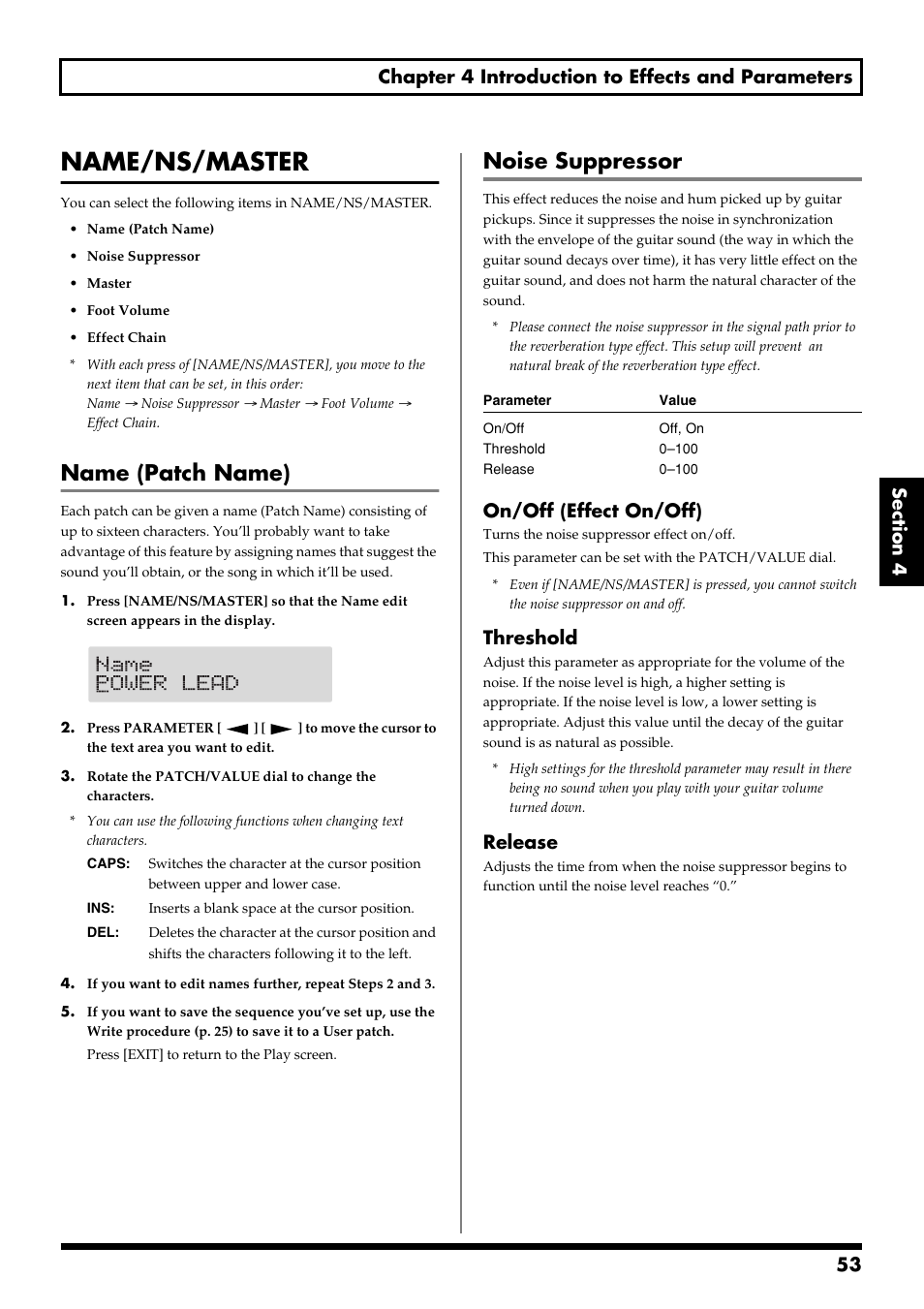 Name/ns/master, Name (patch name), Noise suppressor | On/off (effect on/off), Threshold, Release | Boss Audio Systems GS-10 User Manual | Page 53 / 180