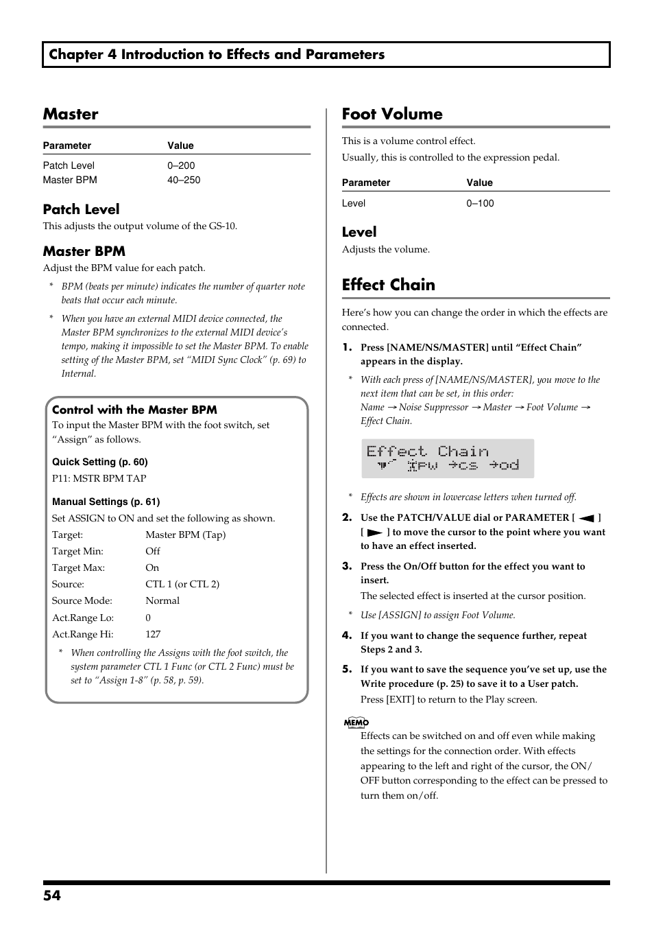 Master, Foot volume, Effect chain | Patch level, Master bpm, Level | Boss Audio Systems GS-10 User Manual | Page 54 / 180