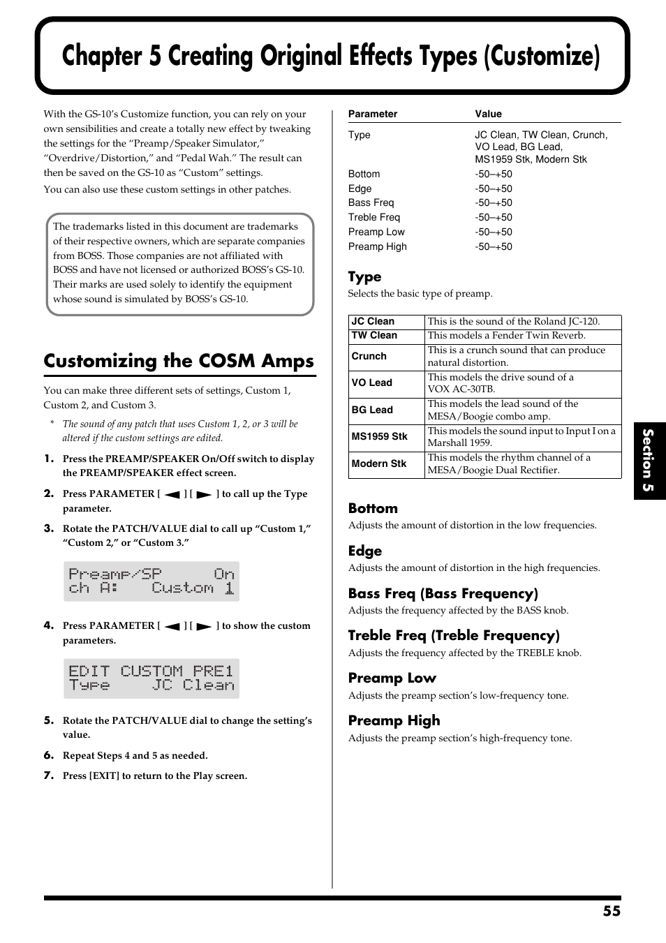 Customizing the cosm amps, Chapter 5, Creating original effects types (customize) | Type, Bottom, Edge, Bass freq (bass frequency), Treble freq (treble frequency), Preamp low, Preamp high | Boss Audio Systems GS-10 User Manual | Page 55 / 180