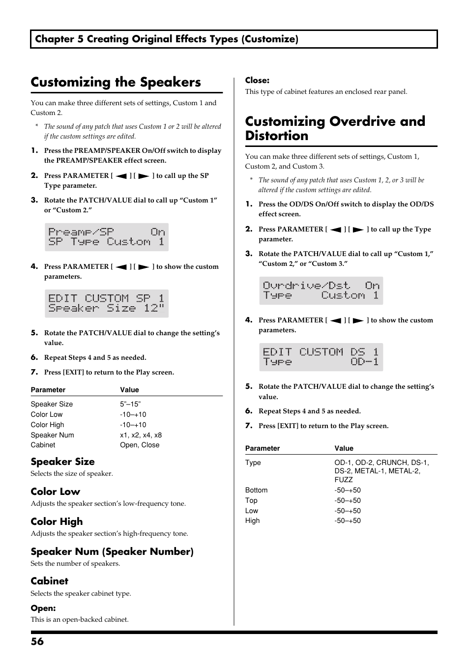 Customizing the speakers, Customizing overdrive and distortion, Speaker size | Color low, Color high, Speaker num (speaker number), Cabinet | Boss Audio Systems GS-10 User Manual | Page 56 / 180