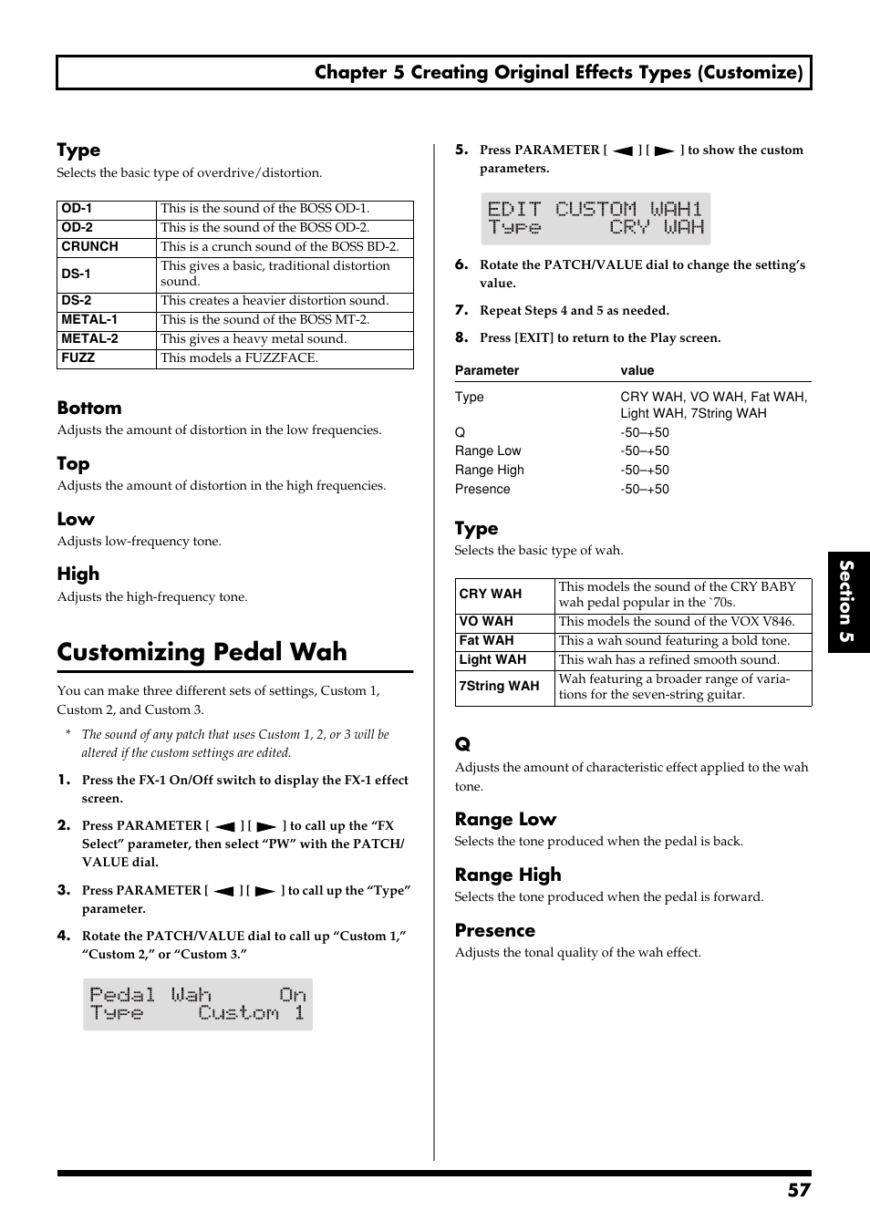 Customizing pedal wah, Bottom, High | Type, Range low, Range high, Presence | Boss Audio Systems GS-10 User Manual | Page 57 / 180