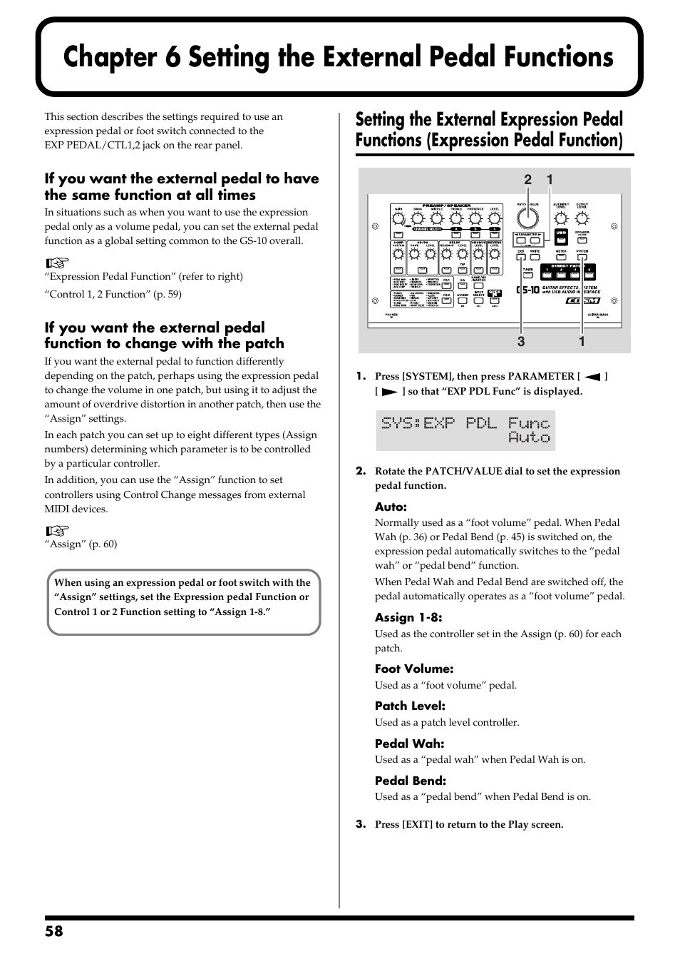 Chapter 6 setting the external pedal functions, Chapter 6, Setting the external pedal functions | Set to “assign 1-8” (p. 58, p. 59) | Boss Audio Systems GS-10 User Manual | Page 58 / 180