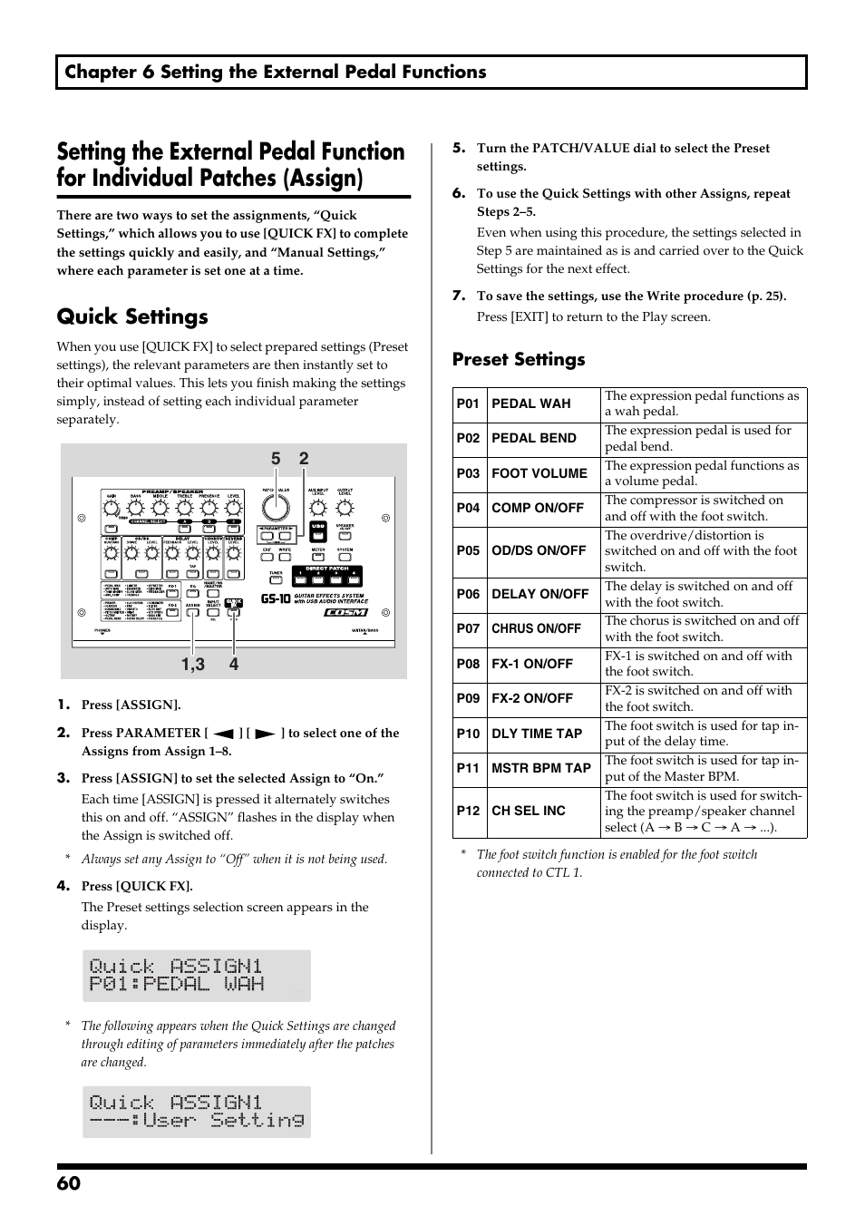 Quick settings, Assign button (p. 60), Quick setting (p. 60) | Assign” (p. 60), 60 chapter 6 setting the external pedal functions, Preset settings | Boss Audio Systems GS-10 User Manual | Page 60 / 180