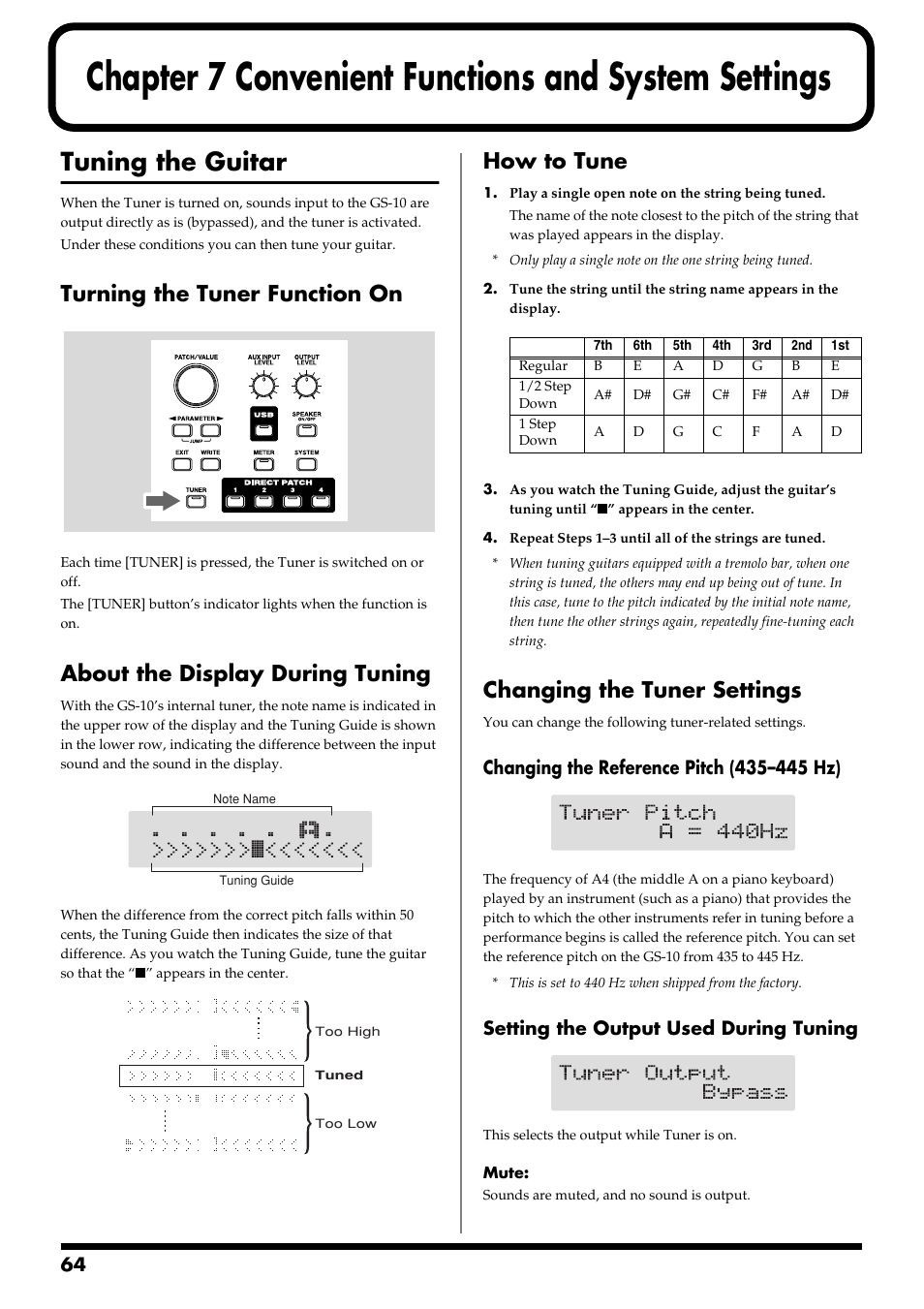 Chapter 7 convenient functions and system settings, Tuning the guitar, Turning the tuner function on | About the display during tuning, How to tune, Changing the tuner settings, Chapter 7, Convenient functions and system settings, Tuner button (p. 64), Setting the output used during tuning | Boss Audio Systems GS-10 User Manual | Page 64 / 180