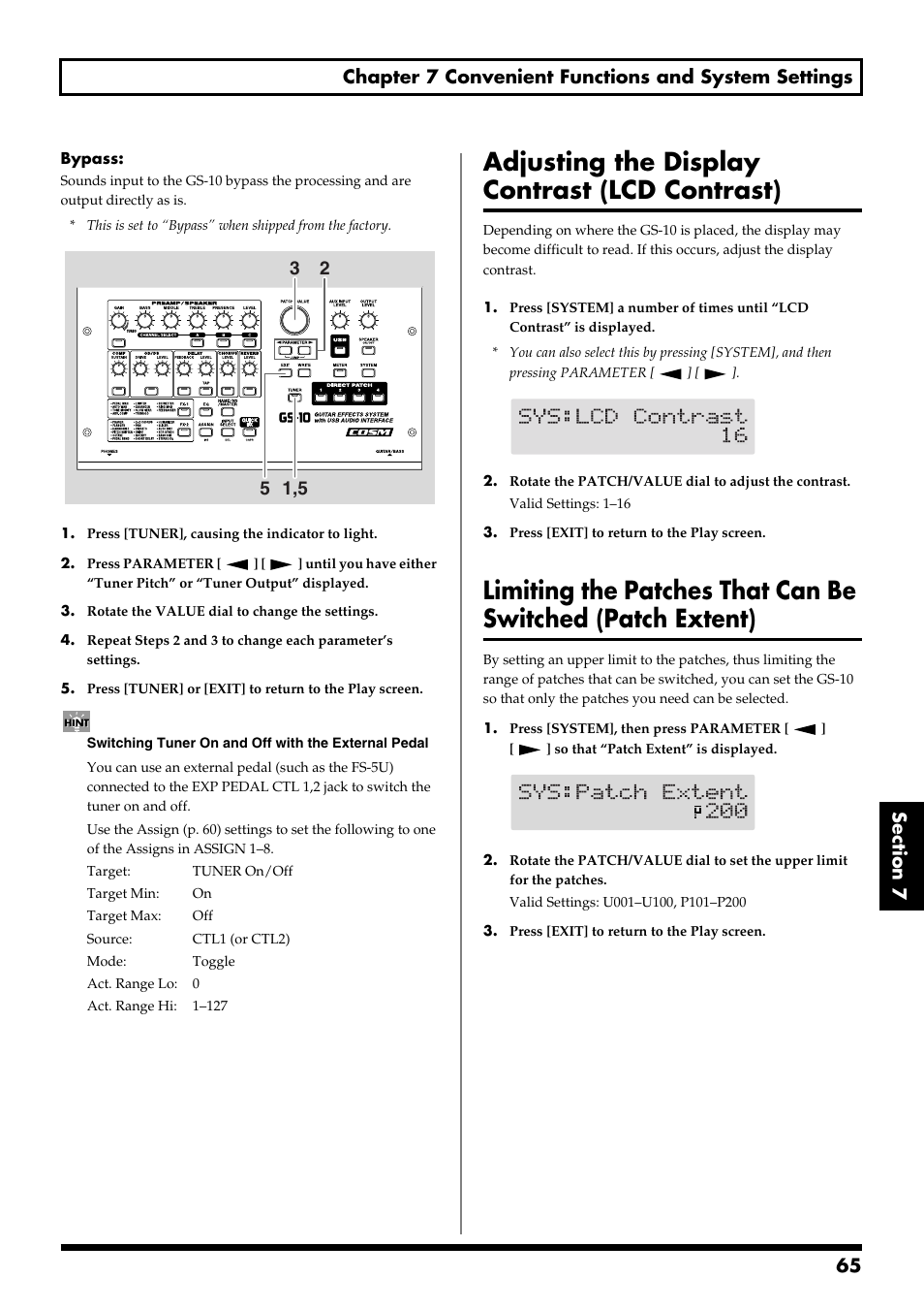 Adjusting the display contrast (lcd contrast), Function settings (p. 65) | Boss Audio Systems GS-10 User Manual | Page 65 / 180