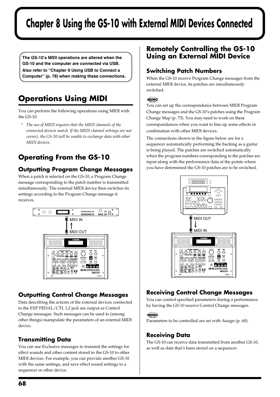 Operations using midi, Operating from the gs-10, Chapter 8 | Using the gs-10 with, External midi devices connected | Boss Audio Systems GS-10 User Manual | Page 68 / 180