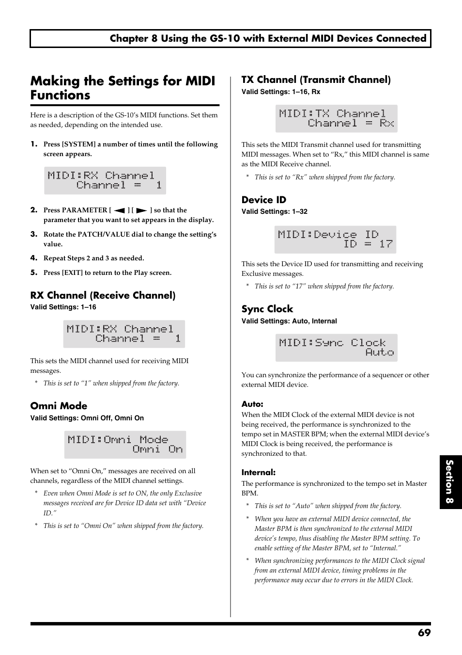 Making the settings for midi functions, Rx channel (receive channel), Omni mode | Tx channel (transmit channel), Device id, Sync clock | Boss Audio Systems GS-10 User Manual | Page 69 / 180