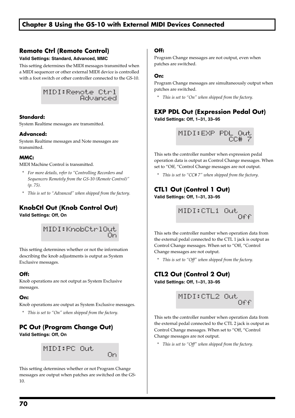 Knobctl out (knob control out), Pc out (program change out), Exp pdl out (expression pedal out) | Ctl1 out (control 1 out), Ctl2 out (control 2 out) | Boss Audio Systems GS-10 User Manual | Page 70 / 180