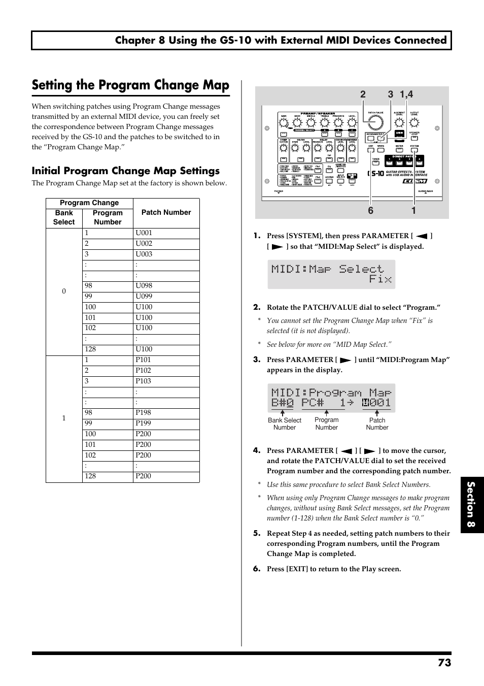 Setting the program change map, Initial program change map settings | Boss Audio Systems GS-10 User Manual | Page 73 / 180