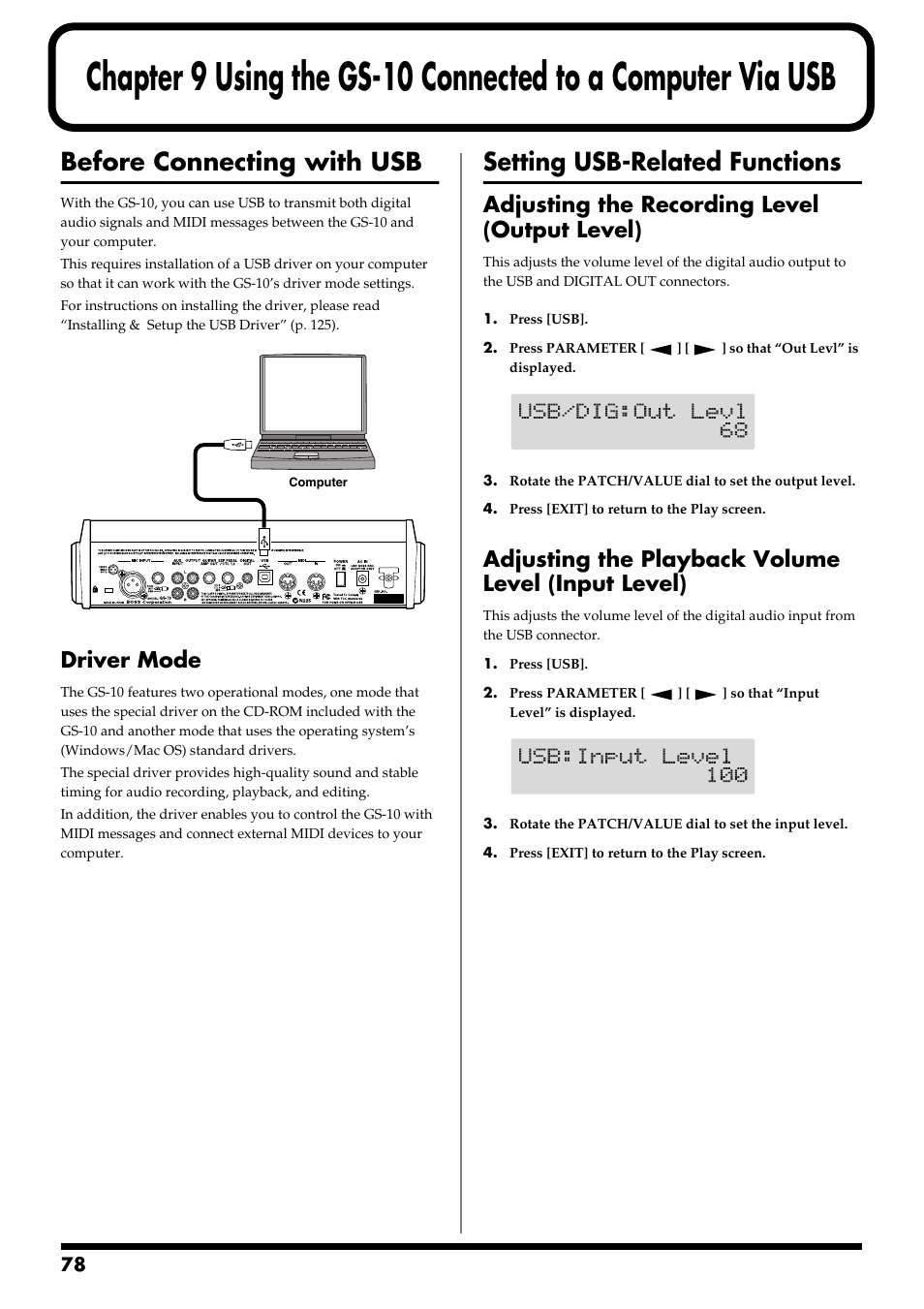 Before connecting with usb, Driver mode, Setting usb-related functions | Adjusting the recording level (output level), Adjusting the playback volume level (input level), Chapter 9, Using the gs-10, Connected to a computer via usb, Usb button (p. 78) | Boss Audio Systems GS-10 User Manual | Page 78 / 180