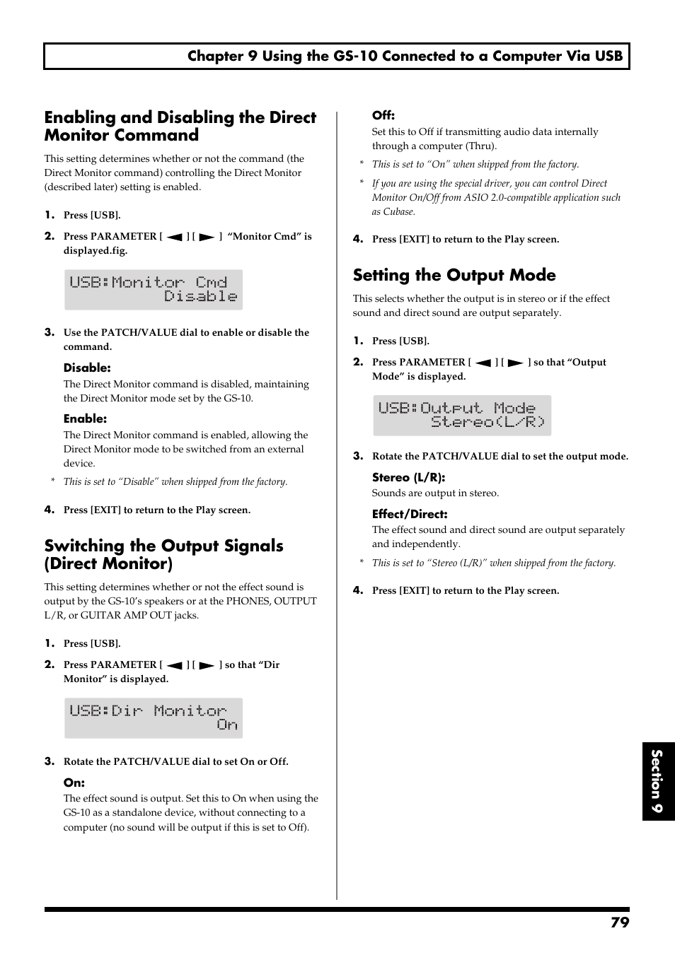 Enabling and disabling the direct monitor command, Switching the output signals (direct monitor), Setting the output mode | Boss Audio Systems GS-10 User Manual | Page 79 / 180