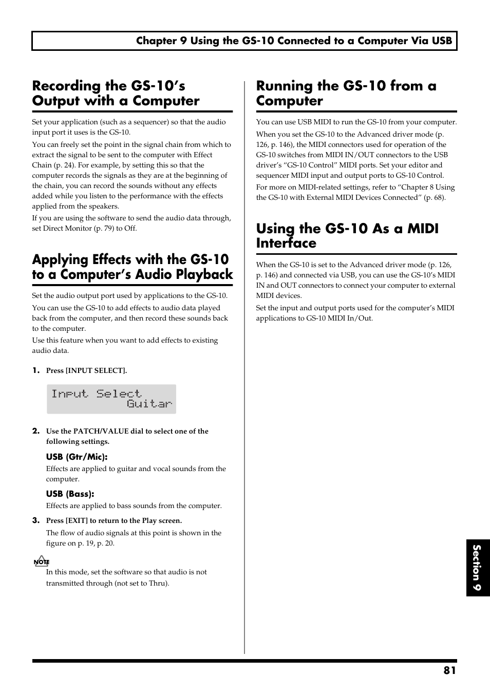 Recording the gs-10’s output with a computer, Running the gs-10 from a computer, Using the gs-10 as a midi interface | Boss Audio Systems GS-10 User Manual | Page 81 / 180