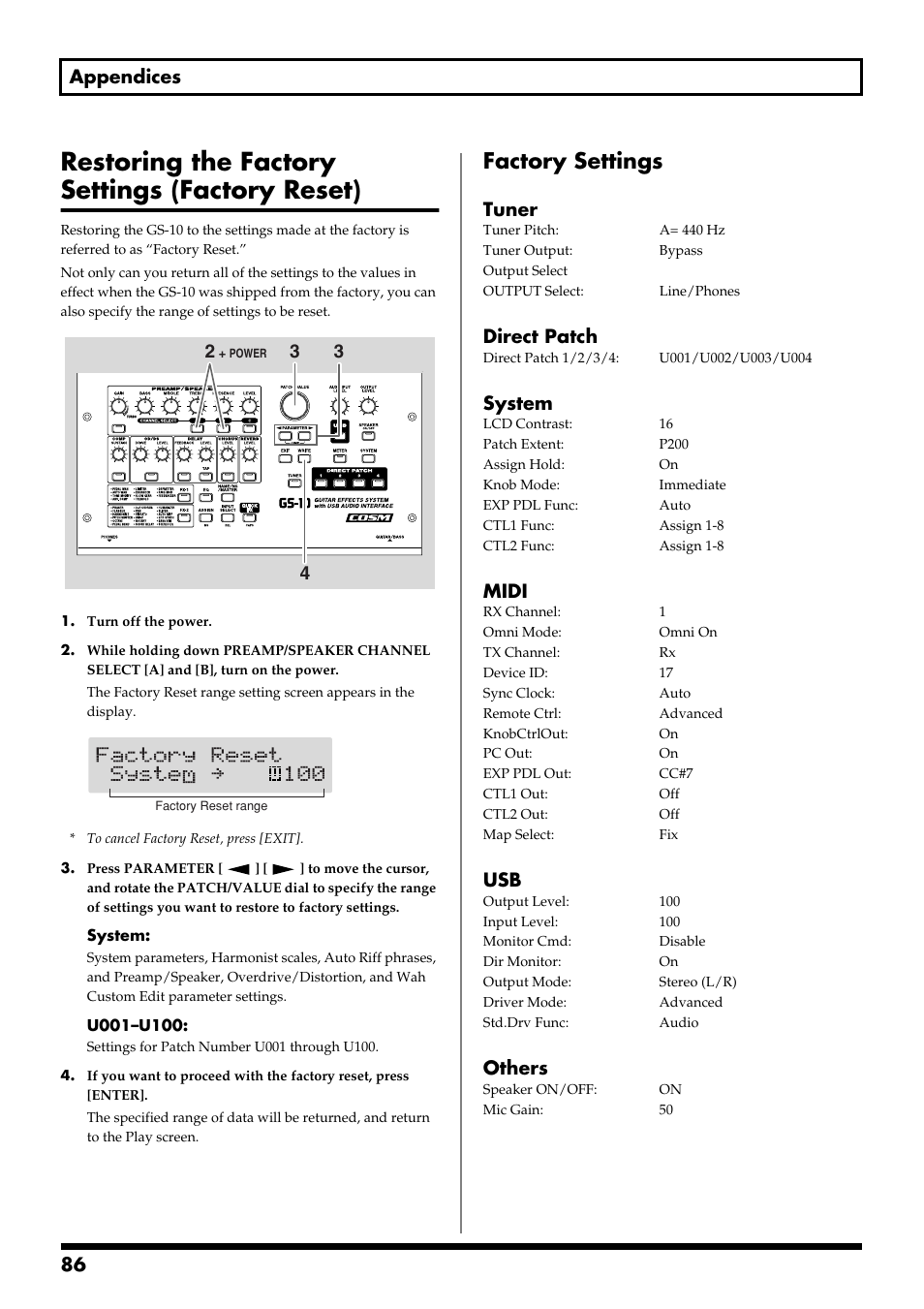 Restoring the factory settings (factory reset), Factory settings, 86 appendices | Tuner, Direct patch, System, Midi, Others | Boss Audio Systems GS-10 User Manual | Page 86 / 180