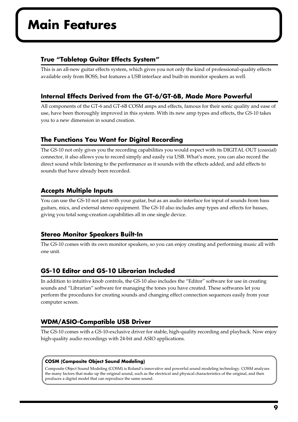 Main features | Boss Audio Systems GS-10 User Manual | Page 9 / 180