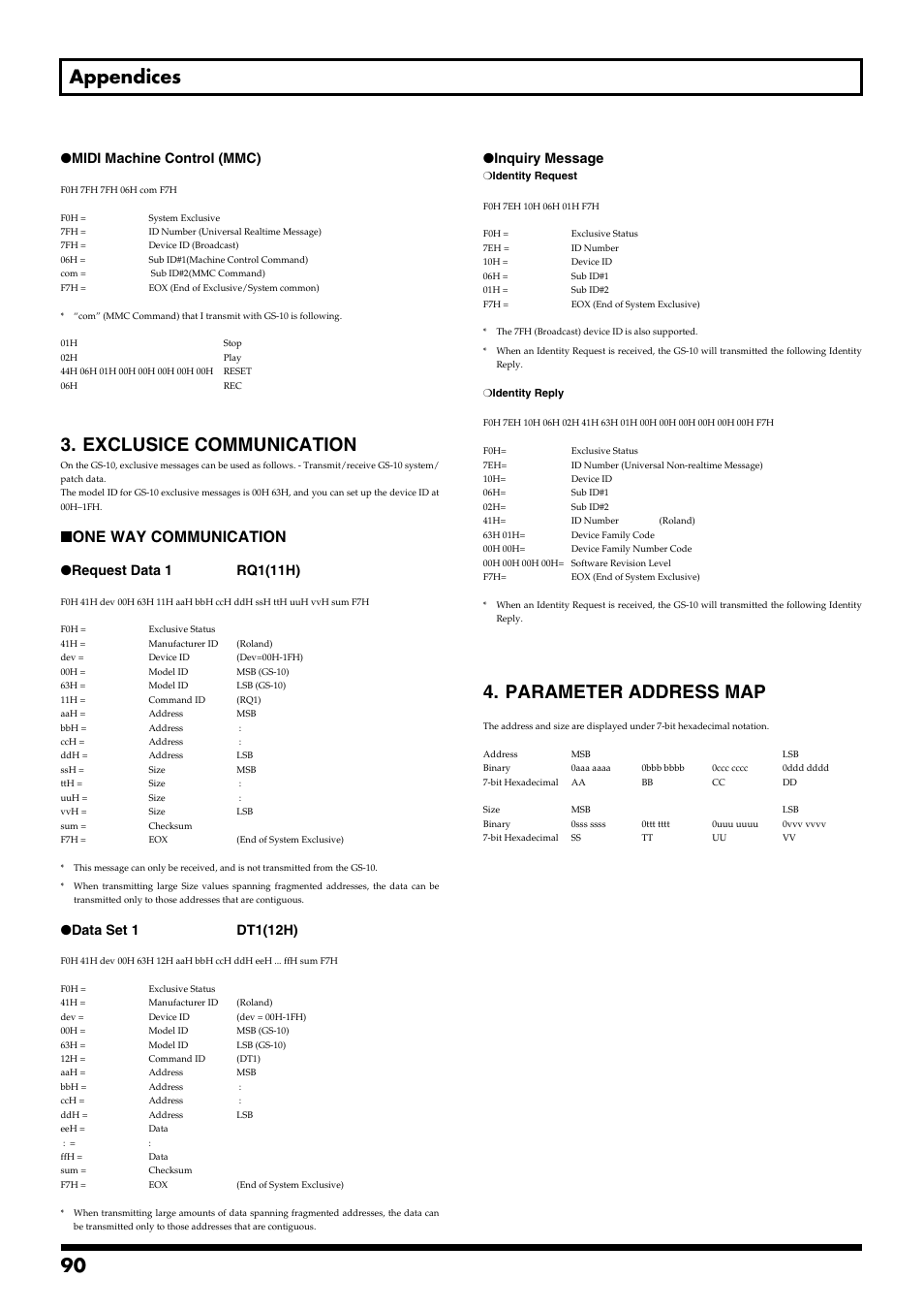 90 appendices, Exclusice communication, Parameter address map | One way communication, Midi machine control (mmc), Request data 1 rq1(11h), Data set 1 dt1(12h), Inquiry message | Boss Audio Systems GS-10 User Manual | Page 90 / 180