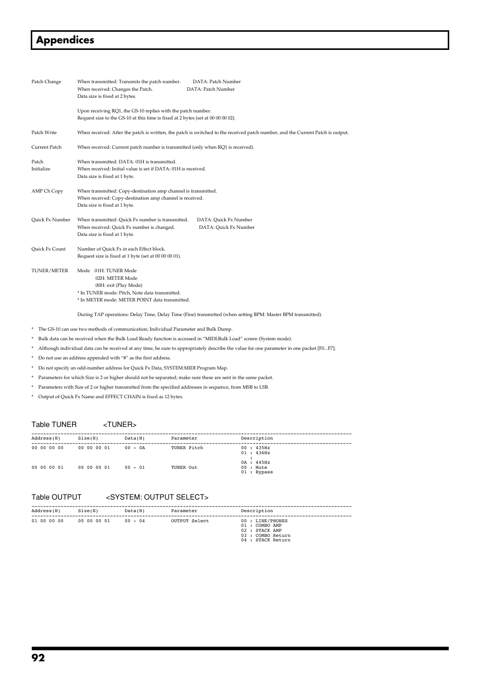 92 appendices, Table tuner <tuner, Table output <system: output select | Boss Audio Systems GS-10 User Manual | Page 92 / 180