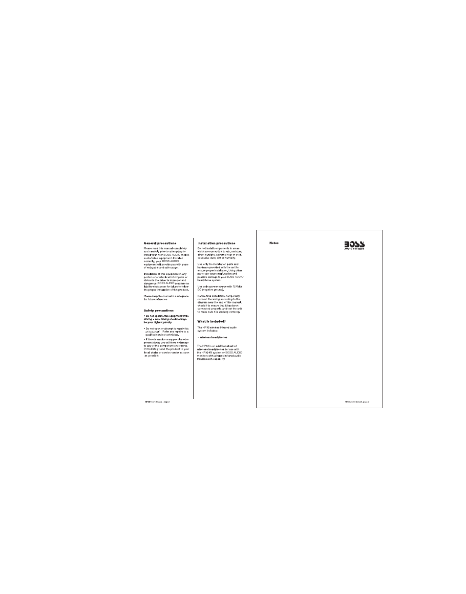 General precautions, Safety precautions, Instaiiation precautions | What is included, Wireless headphones | Boss Audio Systems HP32 User Manual | Page 3 / 5