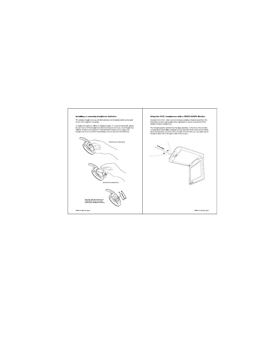 Installing or replacing headphone batteries | Boss Audio Systems HP32 User Manual | Page 5 / 5