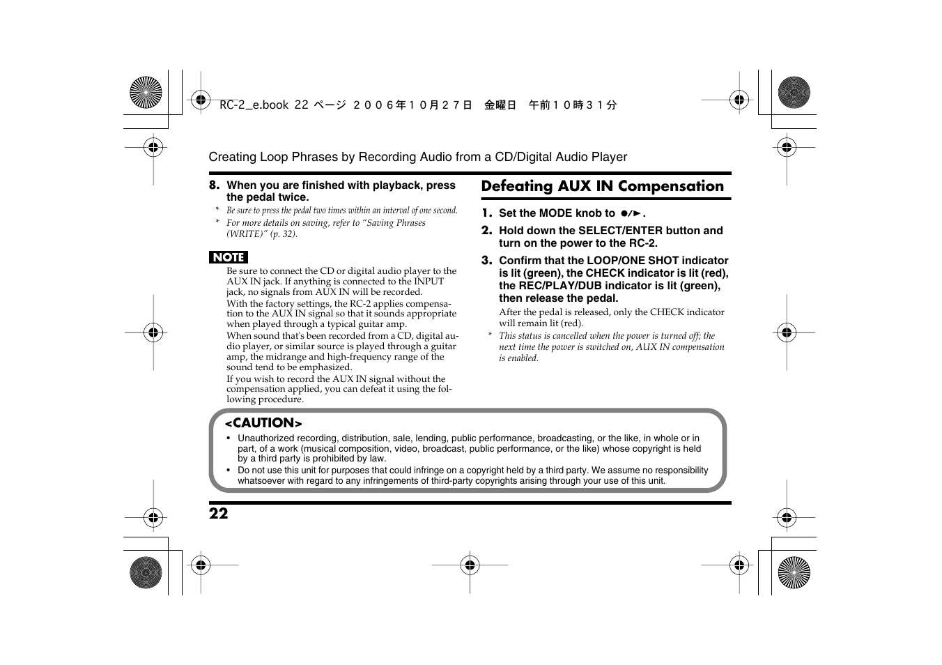 Defeating aux in compensation | Boss Audio Systems RC-2 User Manual | Page 22 / 44