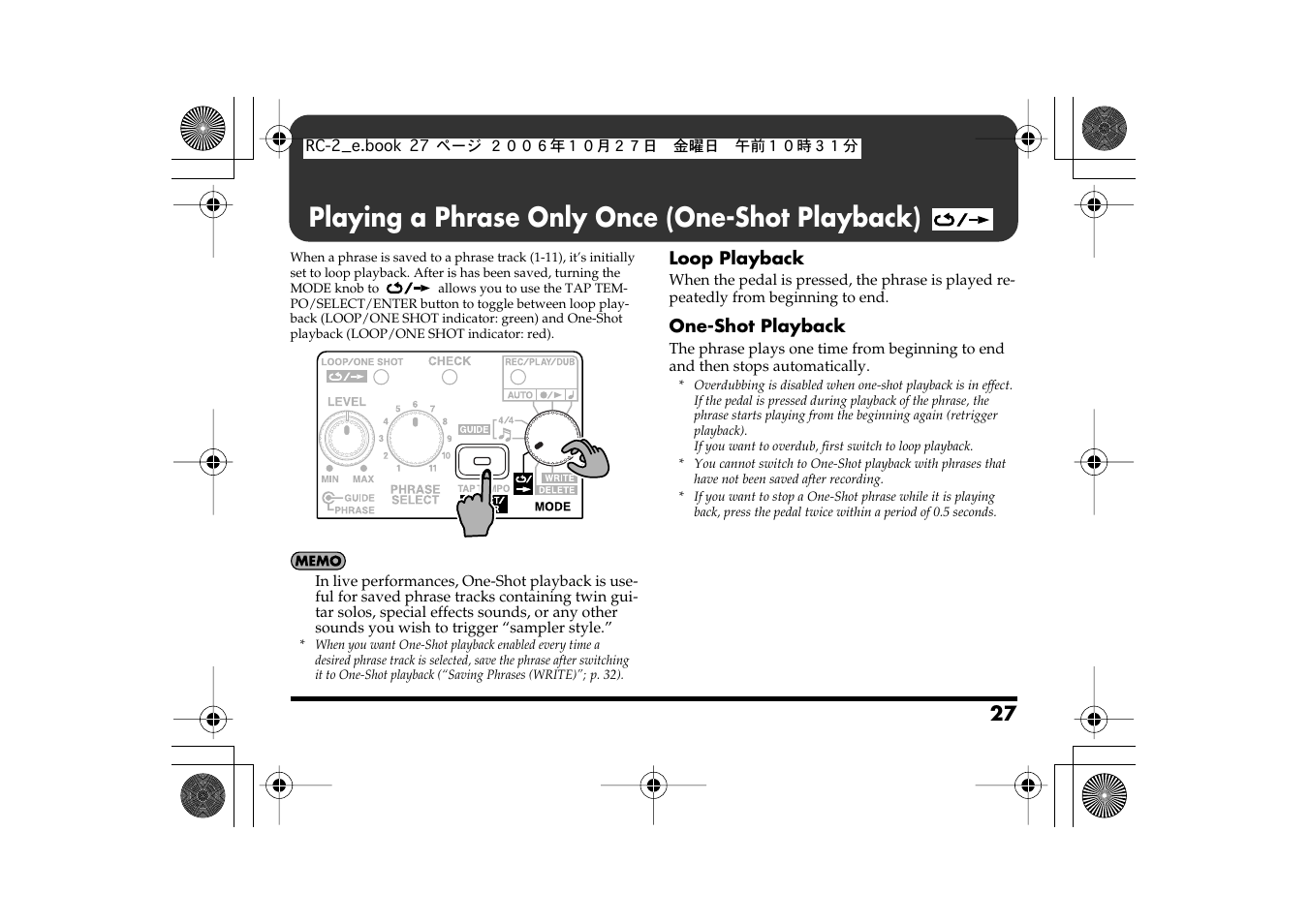 Playing a phrase only once (one-shot playback), Is pressed (p. 27) | Boss Audio Systems RC-2 User Manual | Page 27 / 44